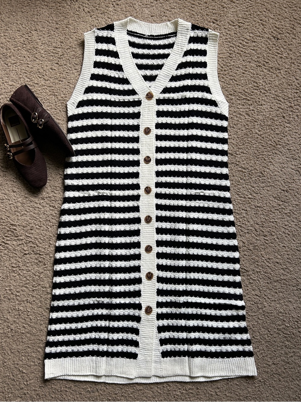 Black & White Striped Knit Button Front Dress